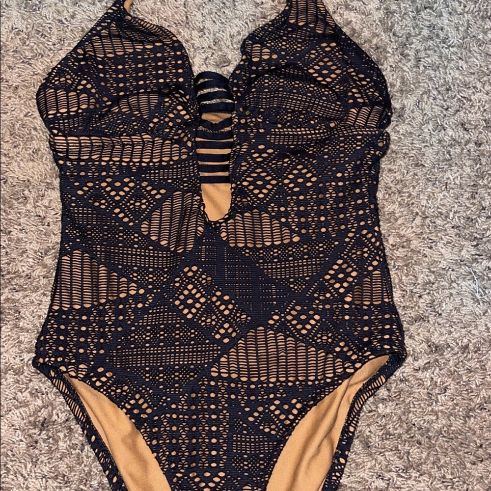 Womans black one piece swimsuit